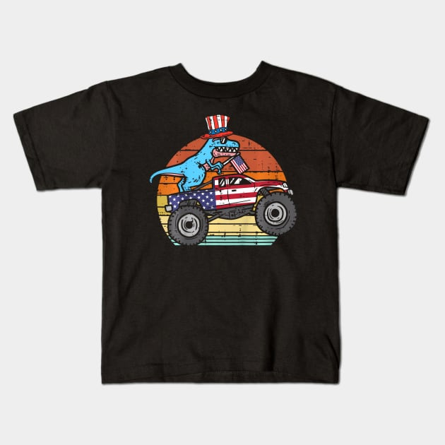 Kids TRex Dino Monster Truck Kids 4Th Of July Baby Boys Toddler Kids T-Shirt by Sort of Vintage